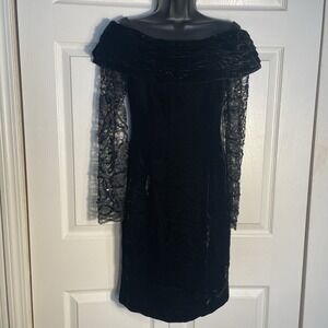 Vintage 90s Rimini Dress Women 6 Black Velvet Lace Sleeves Sequin Whimsigoth